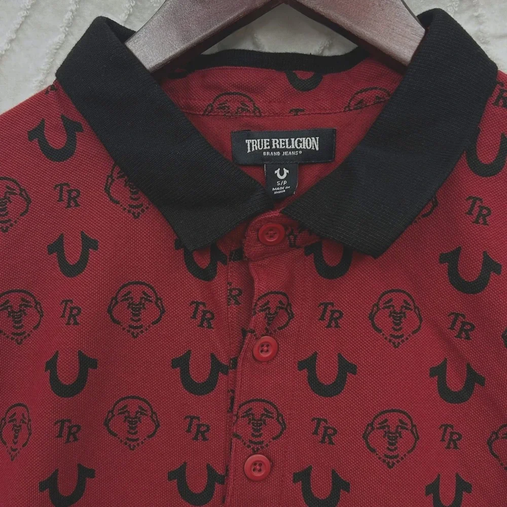 True Religion AOP Monogram Polo Shirt Mens S Red Dahlia Black Preppy Streetwear